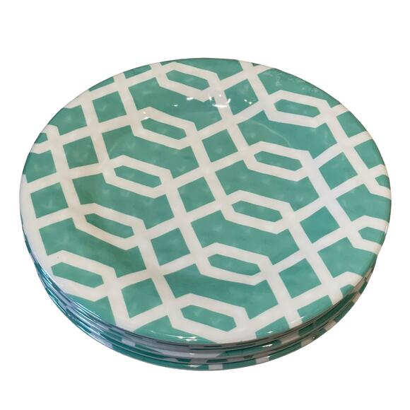 THE SPRING SHOP Melamine Dinner Plate Set of 4 Aqua & White Abstract Design NEW - Picture 3 of 8